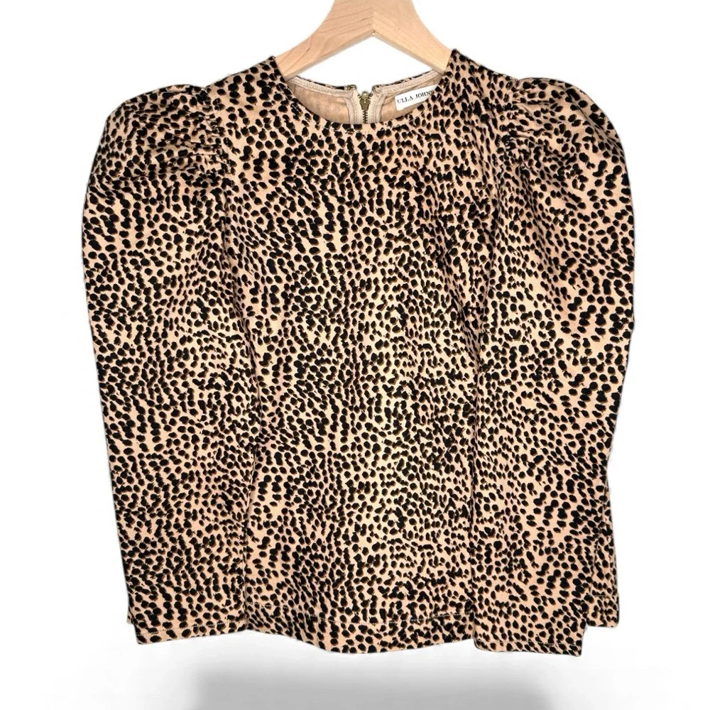 Ulla Johnson Leopard Print Long Puff Sleeve‎ Women's Thick Denim Blouse Top Sz 2